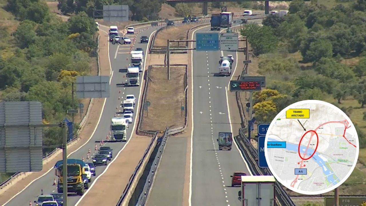 Las obras en los viaductos sobre el río Guadiana provocan el corte de los carriles izquierdos de la A-5 en Mérida