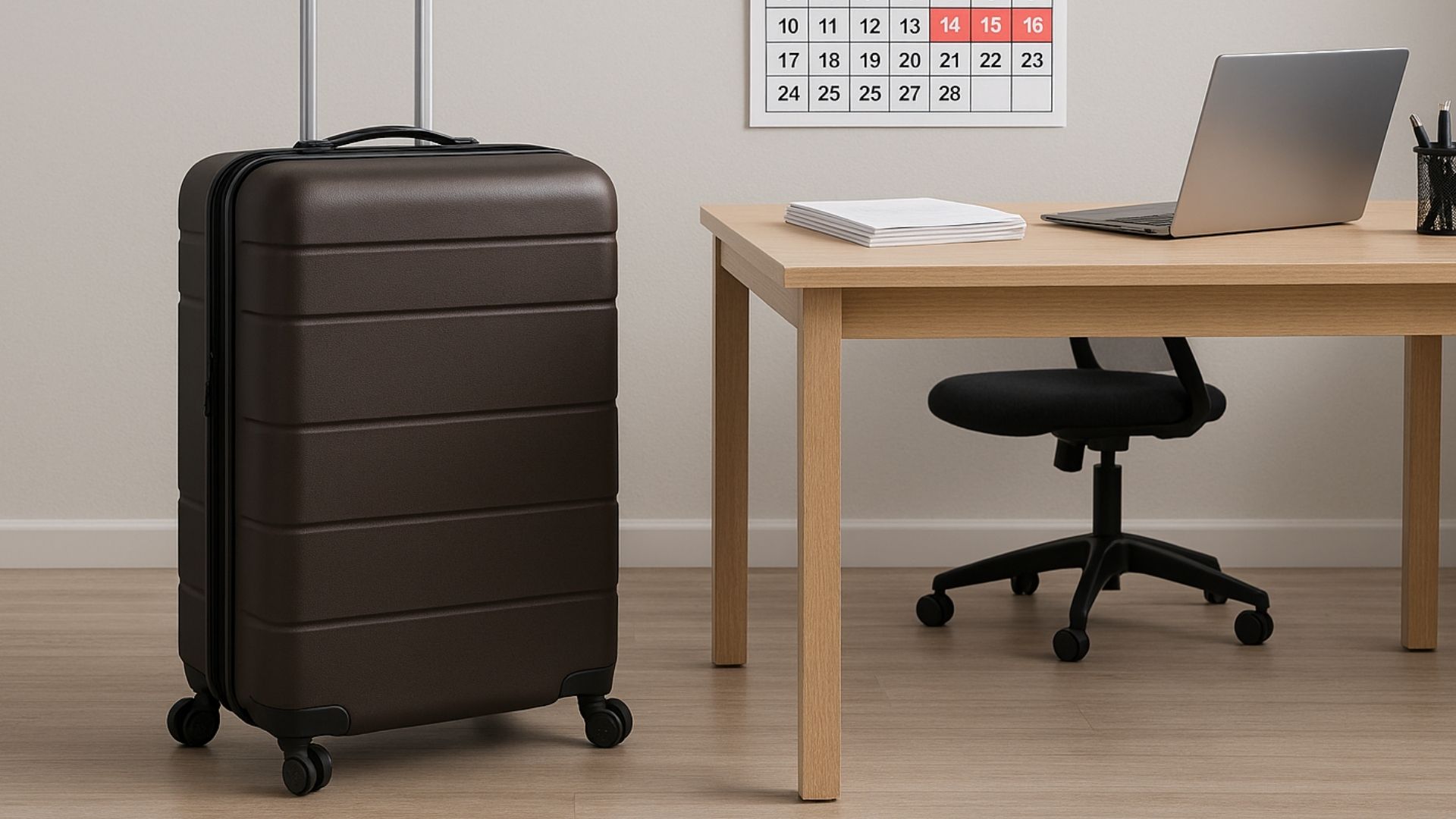 Maleta junto a un escritorio en un puesto de trabajo