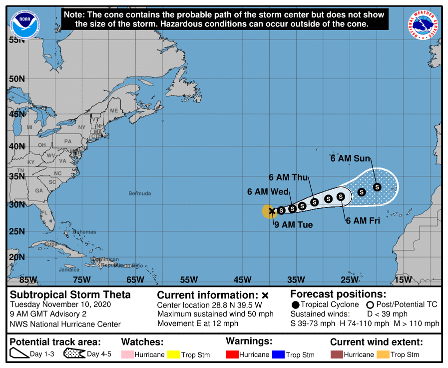 Trayectoria prevista para Theta por el NHC