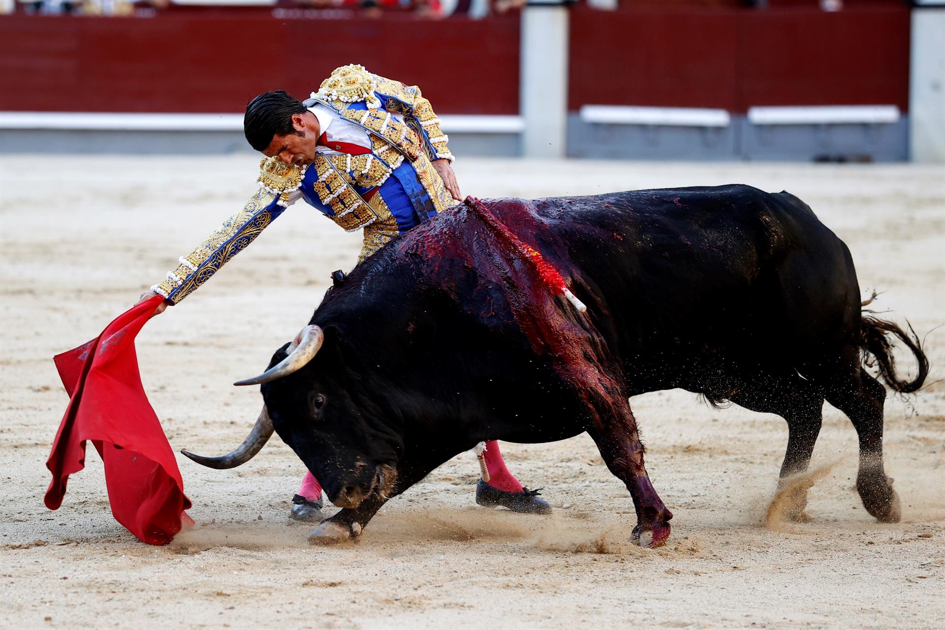 El diestro Emilio de Justo en su faena al cuarto de la tarde durante la "Corrida de la cultura" que se celebra hoy Domingo en la madrileña plaza de toros de Las Ventas, en un mano a mano con Antonio Ferrera lidiando reses de Victoriano del Rio.