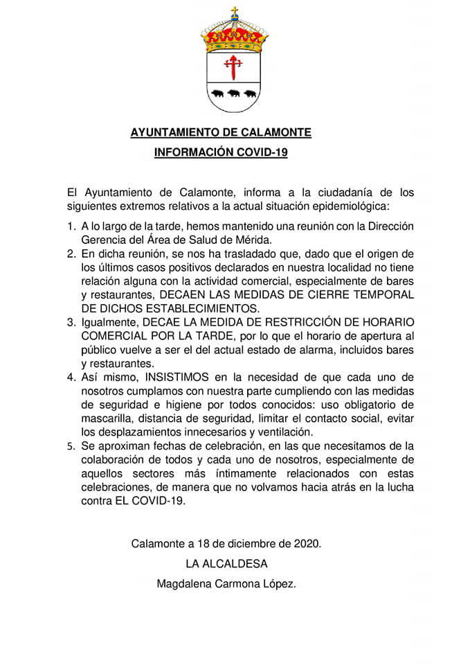 Comunicado ayuntamiento de Calamonte