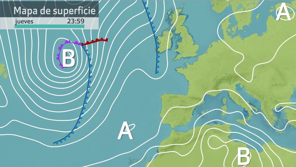 Mapa de presión atmosférica para el jueves 14 de abril a últimas horas