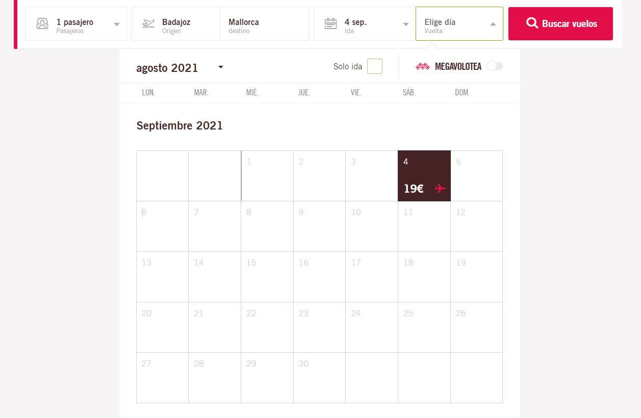Vuelos disponibles en septiembre entre Badajoz y Mallorca