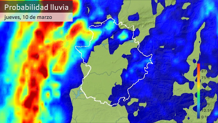 Probabilidad de lluvia para jueves 10 de marzo