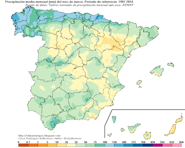 Mapa de precipitación media para el mes de marzo. Fuente: AEMET