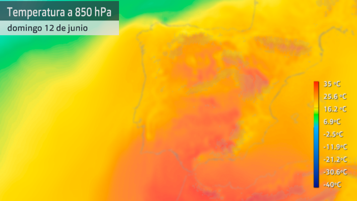 Mapa de temperatura a 1.500 metros sobre la superficie (masas de aire cálido) para el domingo 12 de junio