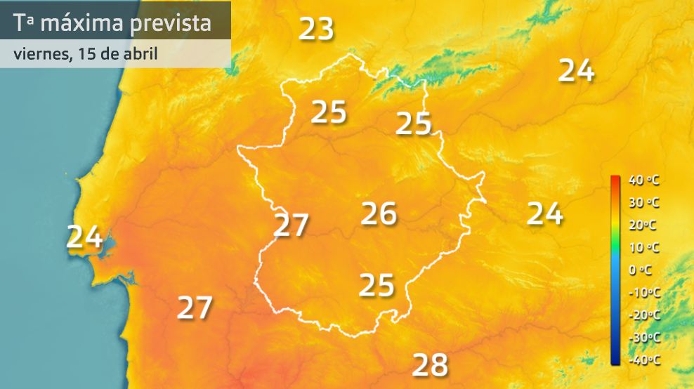 Mapa de temperaturas máximas para el viernes 15 de abril