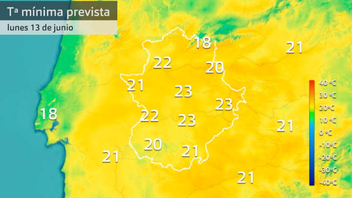 Mapa de temperaturas mínimas para el lunes 13 de junio
