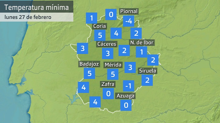 Temperatura mínima lunes 27 de febrero. Datos hasta las 6:30 h. Aemet, Meteoclimatic et al.