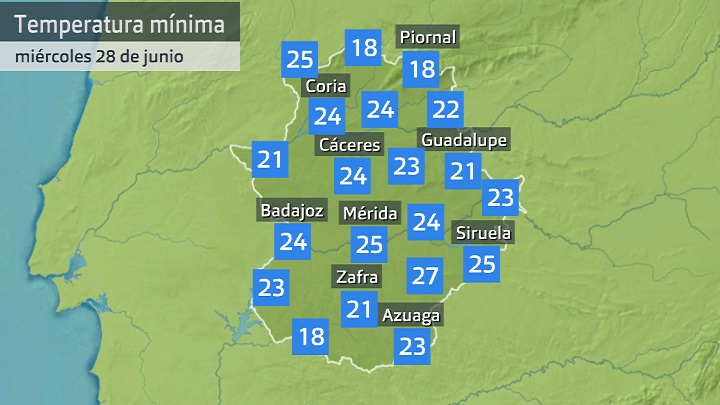 Temperatura mínima miércoles 28 de junio. Datos hasta las 6:30 h. Aemet, Meteoclimatic et al.