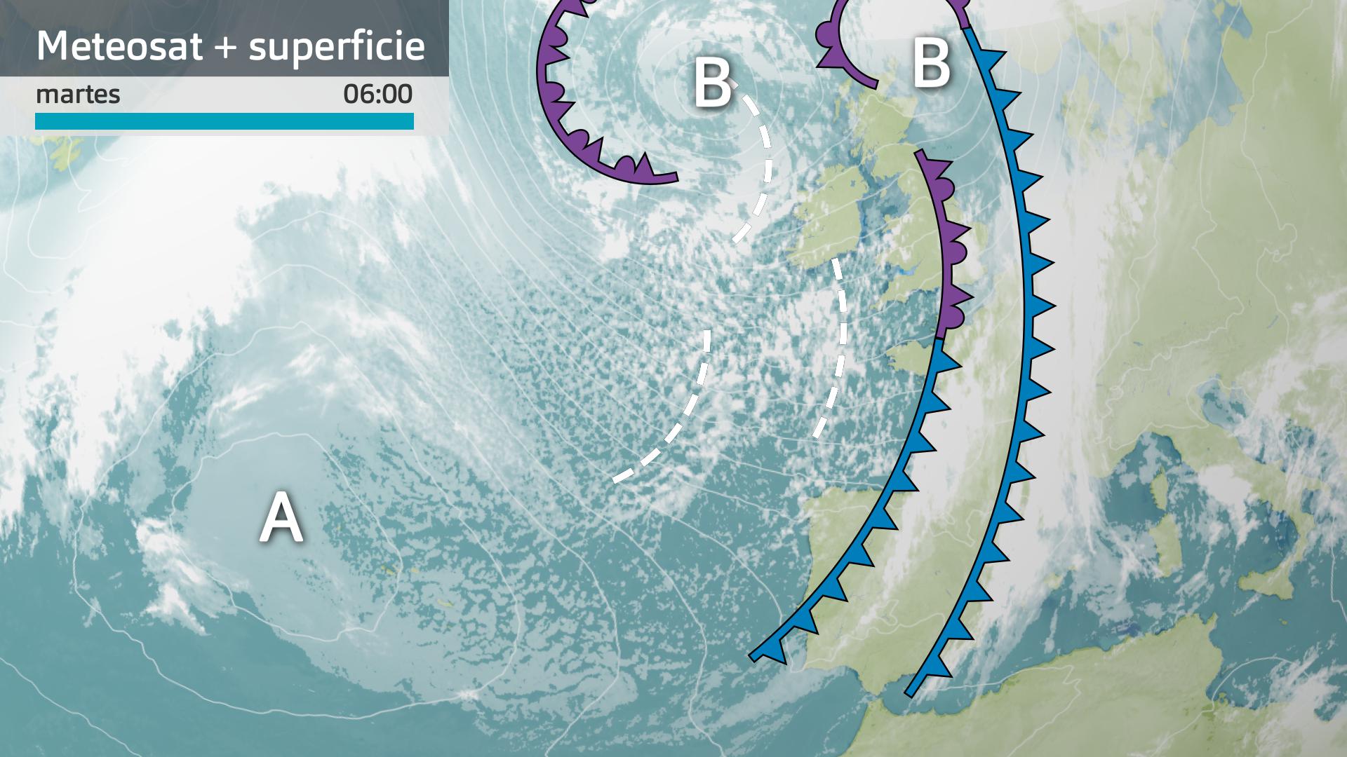 Imagen del Meteosat + mapa de superficie martes 2 de diciembre 6 h.