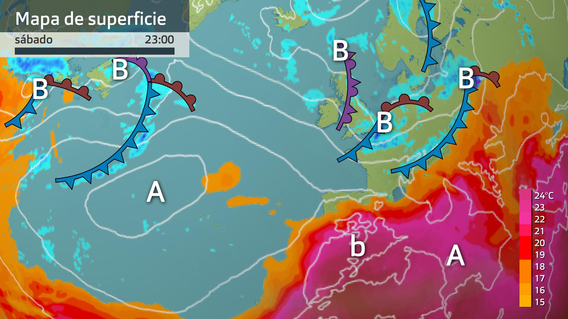 Mapa de superficie y de temperatura a 850 hPa (1500 metros de altura)