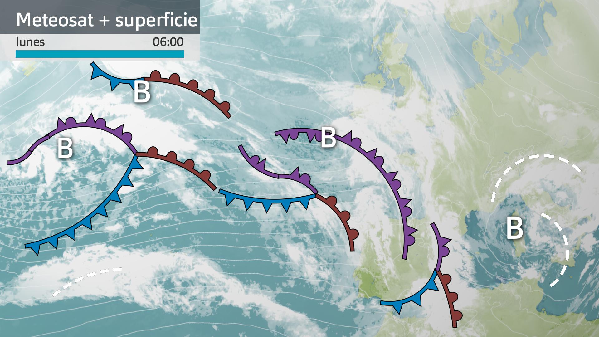Imagen del Meteosat + mapa de superficie lunes 9 de febrero 6 h.