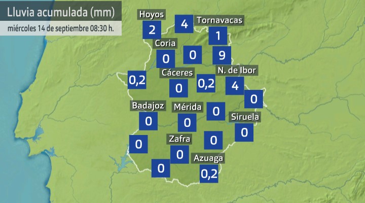 Lluvia acumulada (en mm) hasta las 08:30 del miércoles 14 de septiembre de 2022. Fuente: AEMET, Meteoclimatic et al.