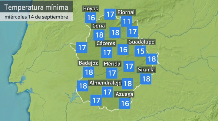 Temperatura mínima 14 de septiembre de 2022. Fuente: AEMET, Meteoclimatic et al.