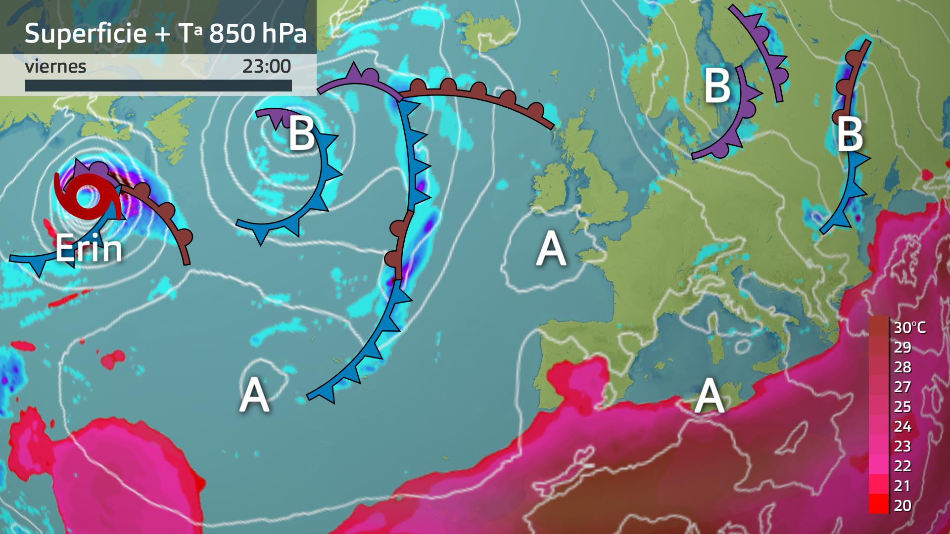 Mapa de superficie y de temperatura a 850 hPa (1500 metros de altura)