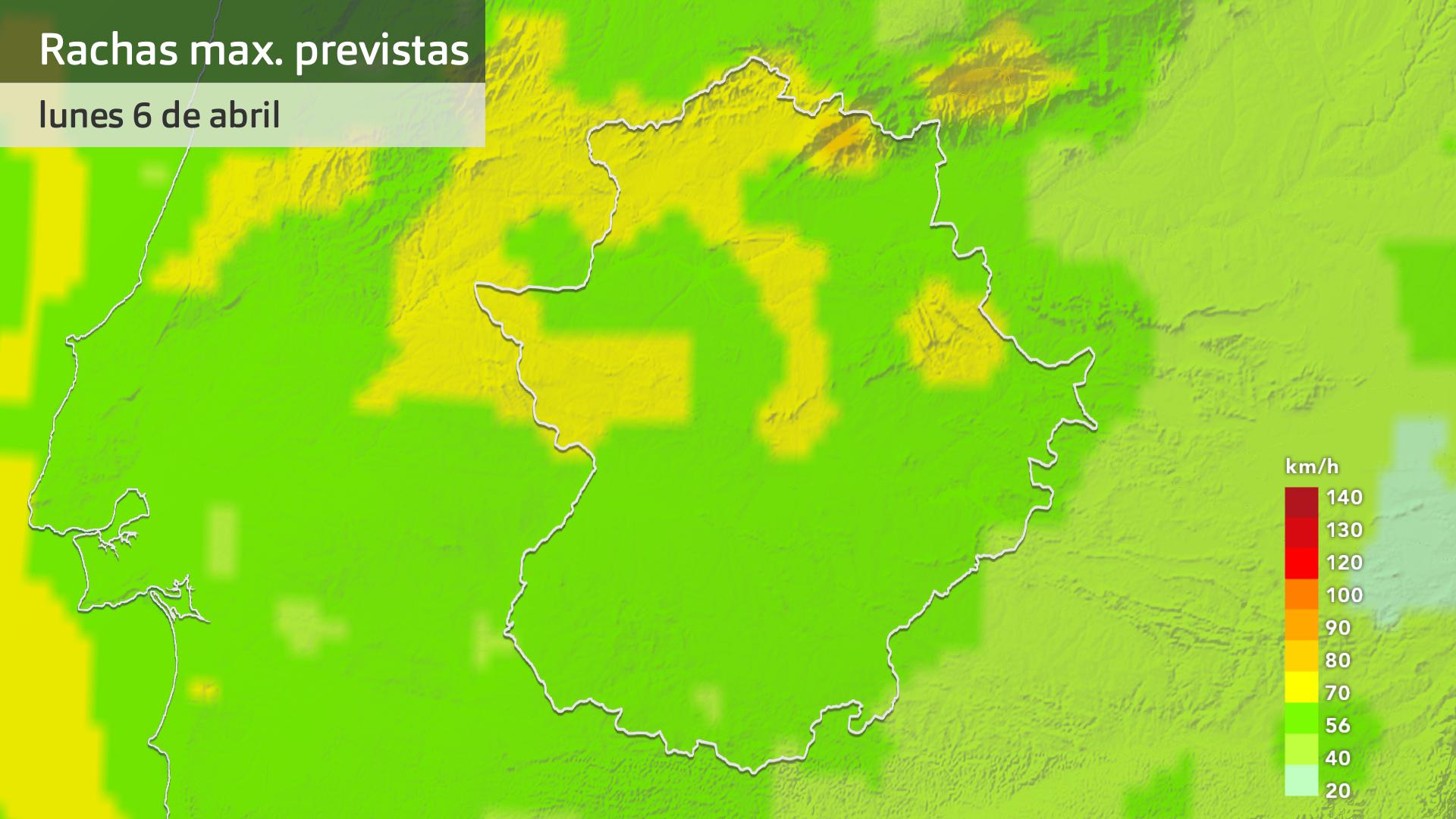 Rachas de viento máximas previstas para hoy lunes 6 de abril