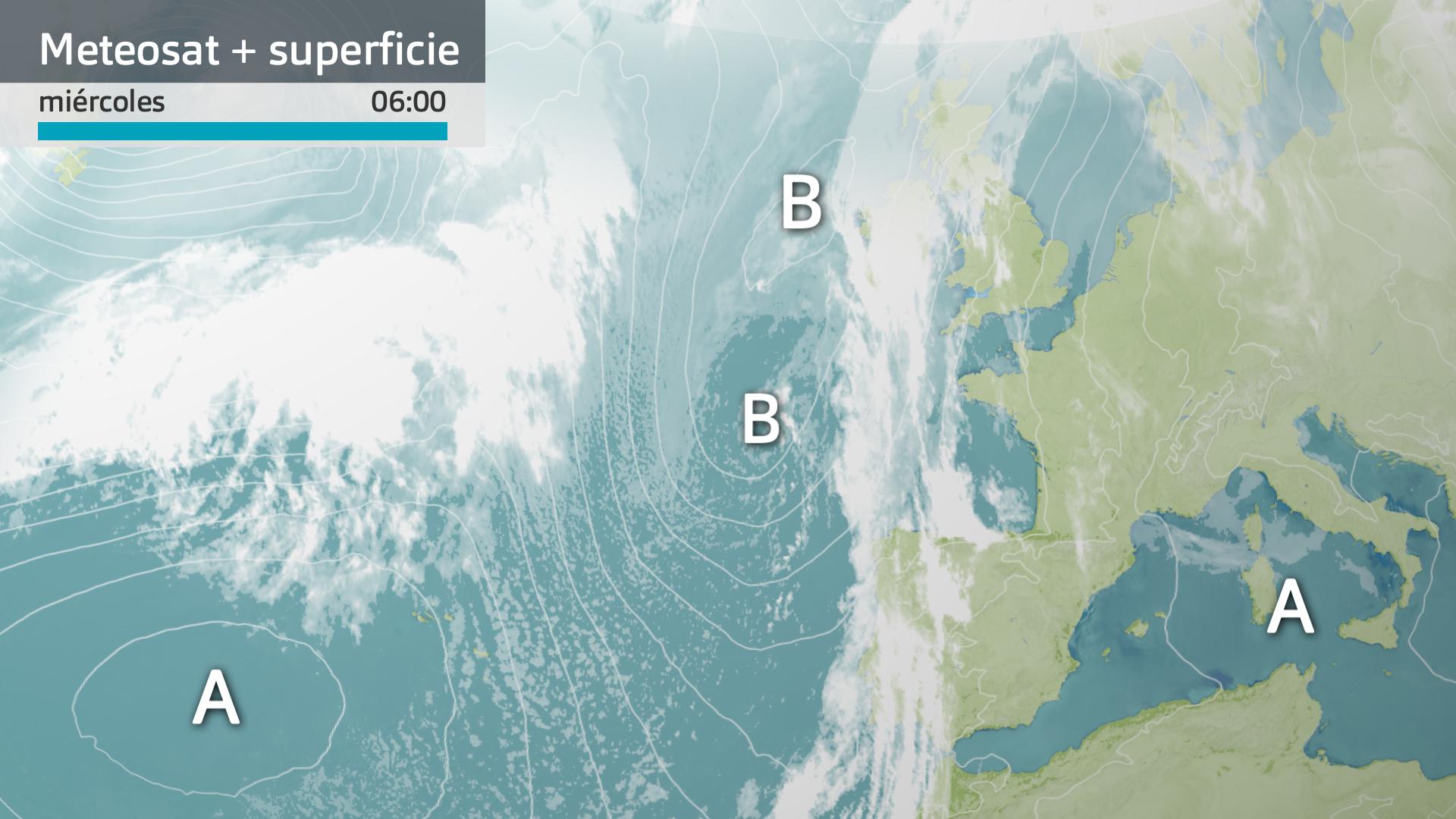 Imagen del Meteosat + mapa de superficie miércoles 25 de febrero 6 h.
