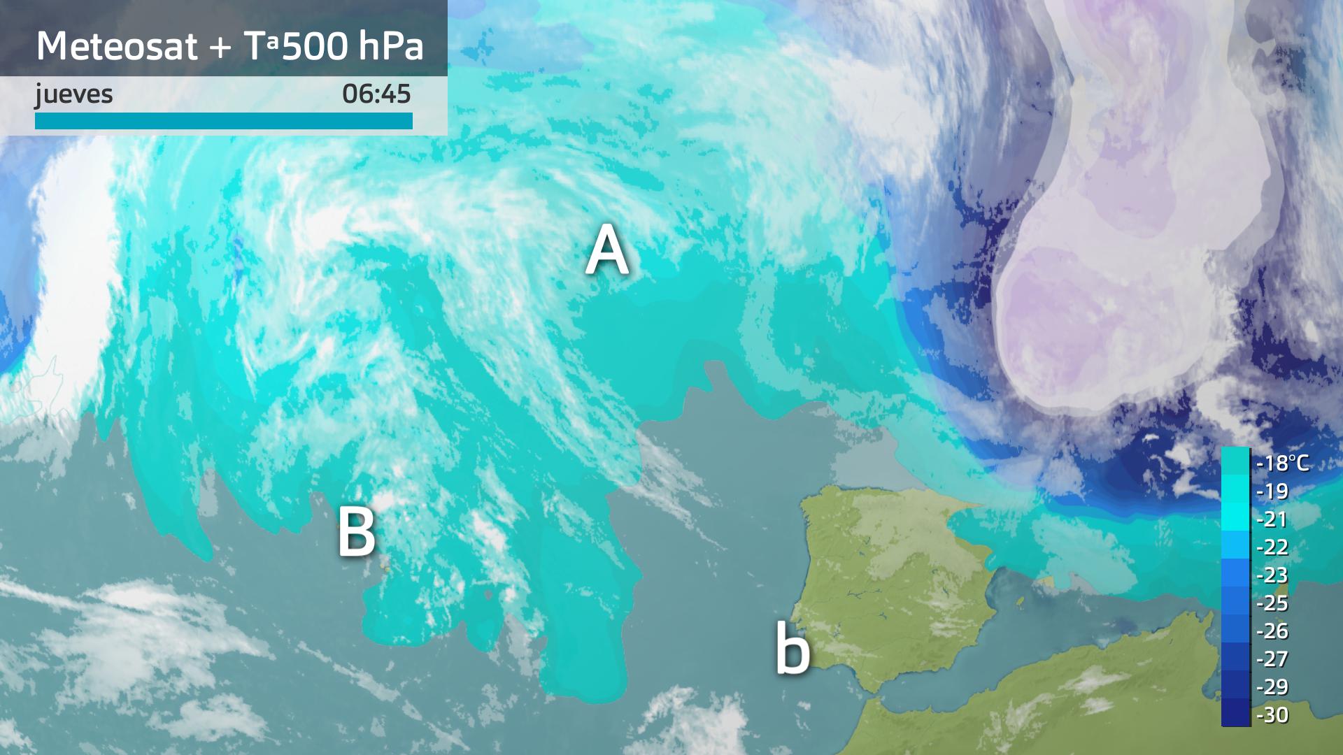 Imagen del Meteosat + temperatura a 500 hPa jueves 18 de abril 6:45 h.