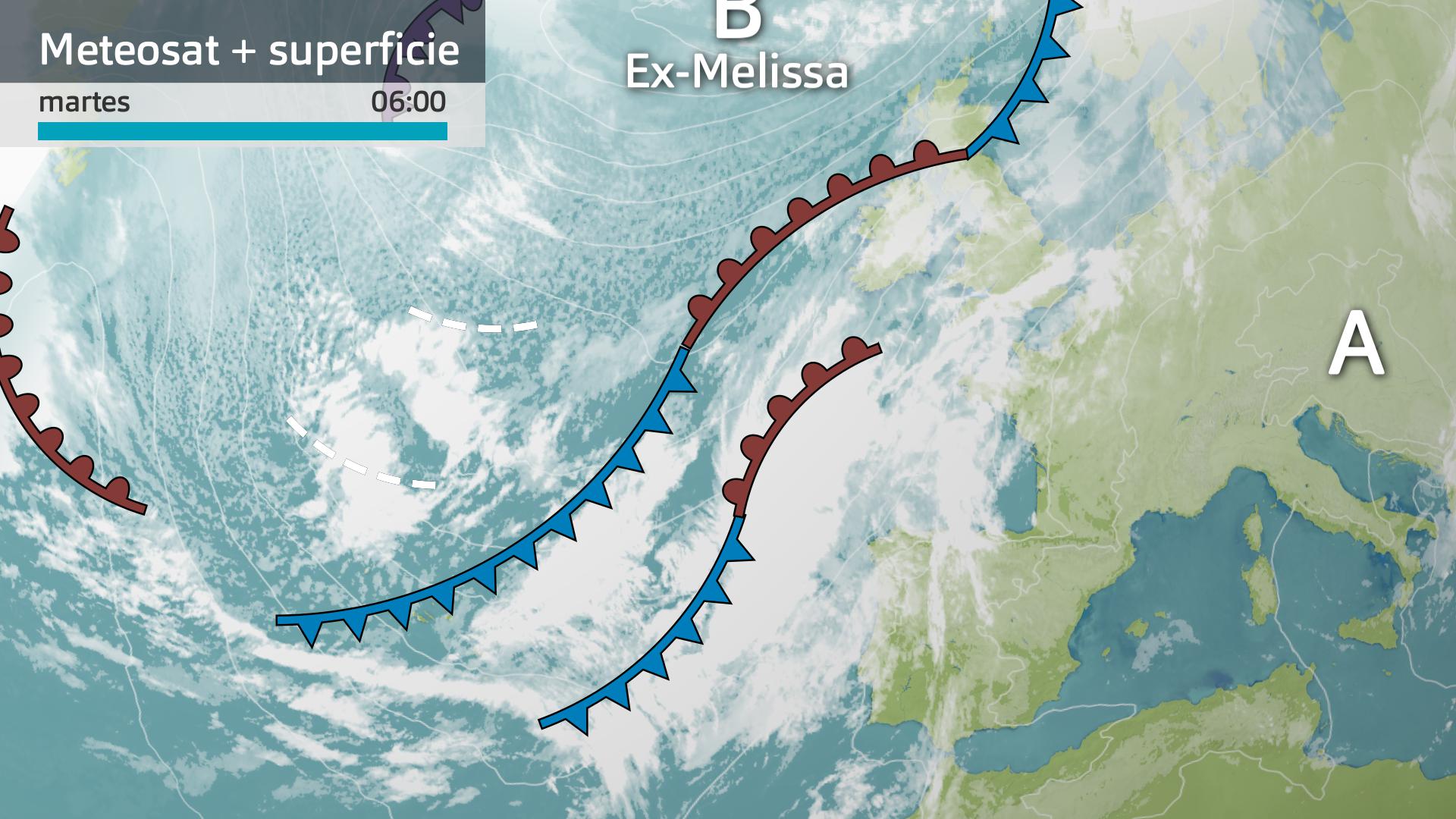 Imagen del Meteosat + mapa de superficie martes 4 de noviembre 6 h.