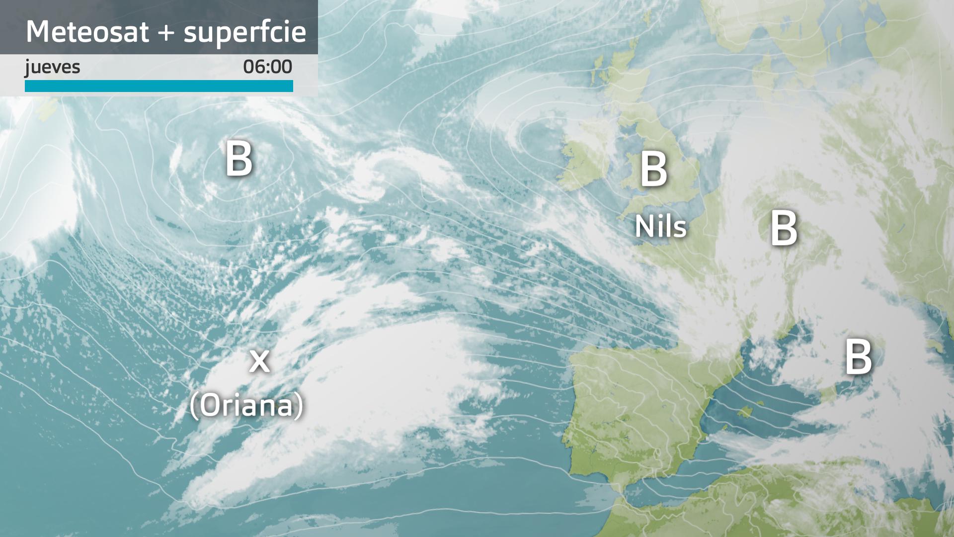 Imagen del Meteosat + mapa de superficie jueves 14 de febrero 6 h.