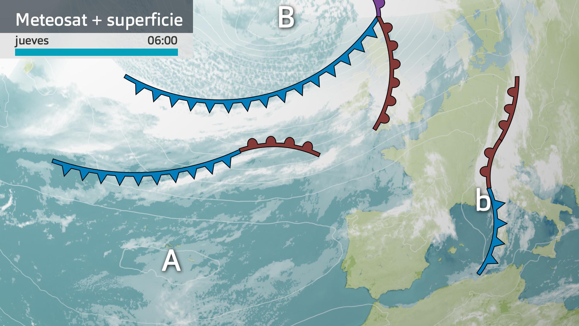 Imagen del Meteosat + mapa de superficie jueves 12 de marzo 6 h.