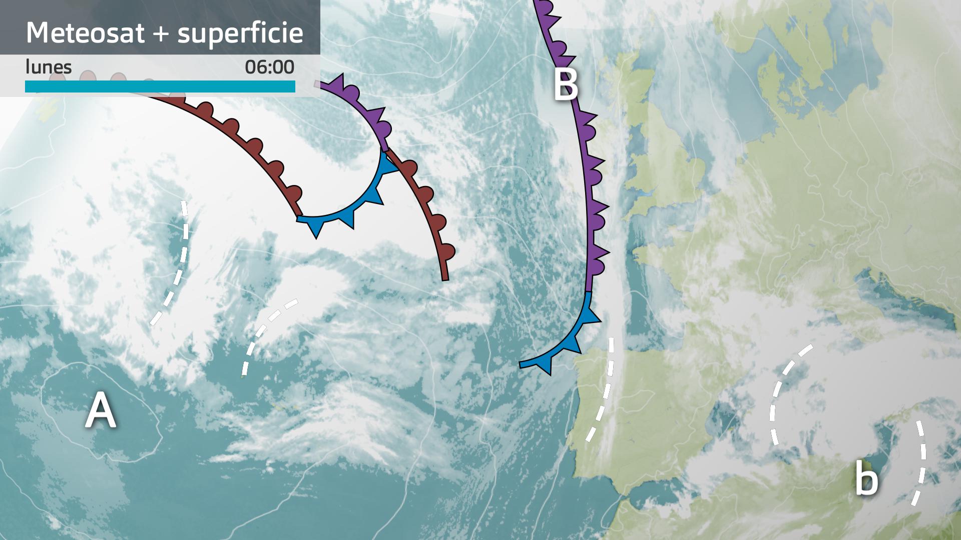 Imagen del Meteosat + mapa de superficie lunes 19 de enero 6 h.