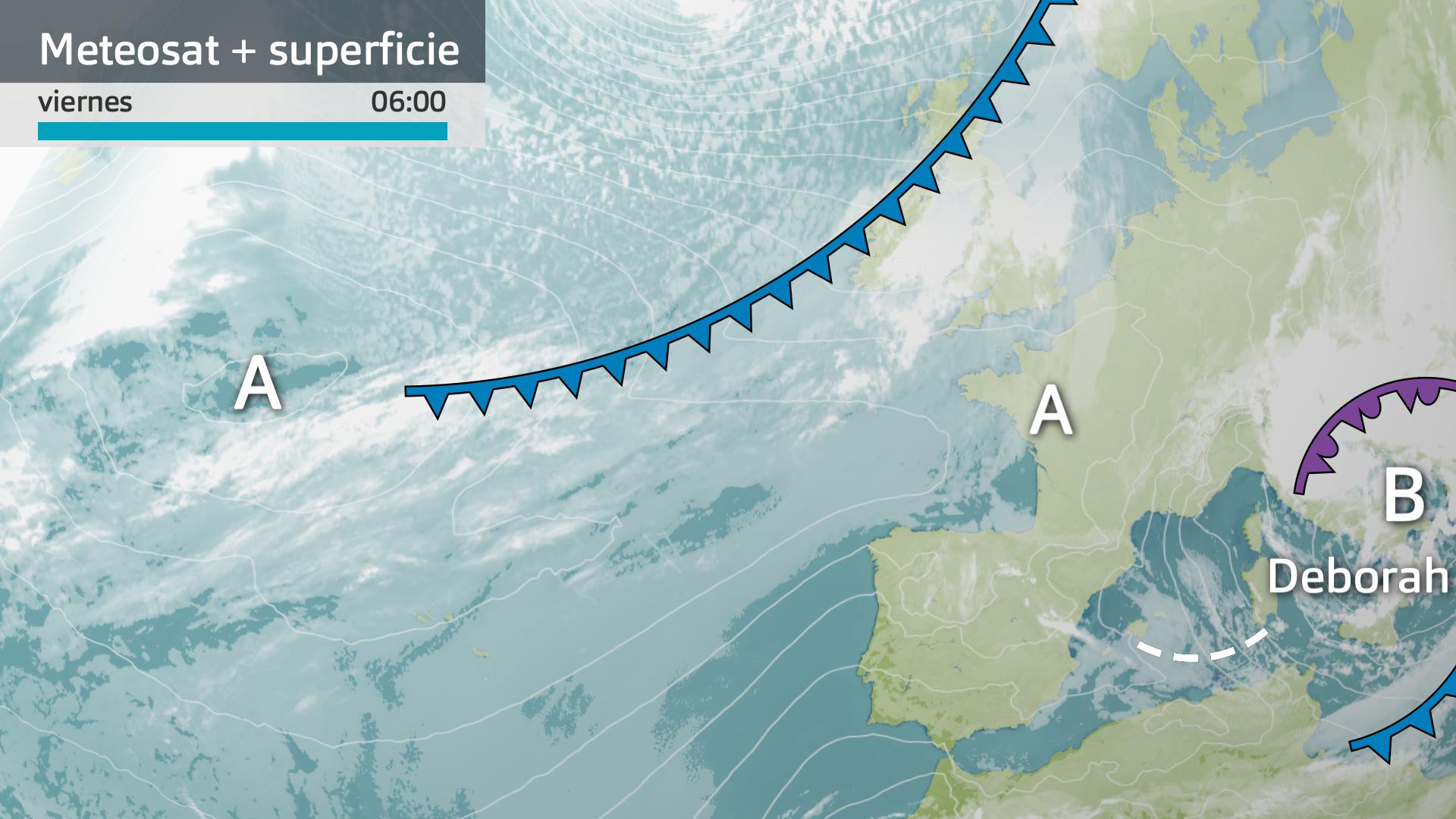 Imagen del Meteosat + mapa de superficie viernes 27 de marzo 6 h.