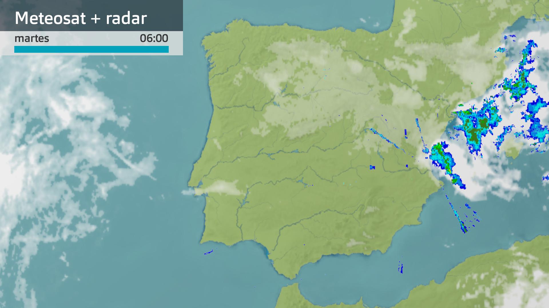 Imagen del Meteosat + radar meteorológico martes 14 de octubre 6 h.