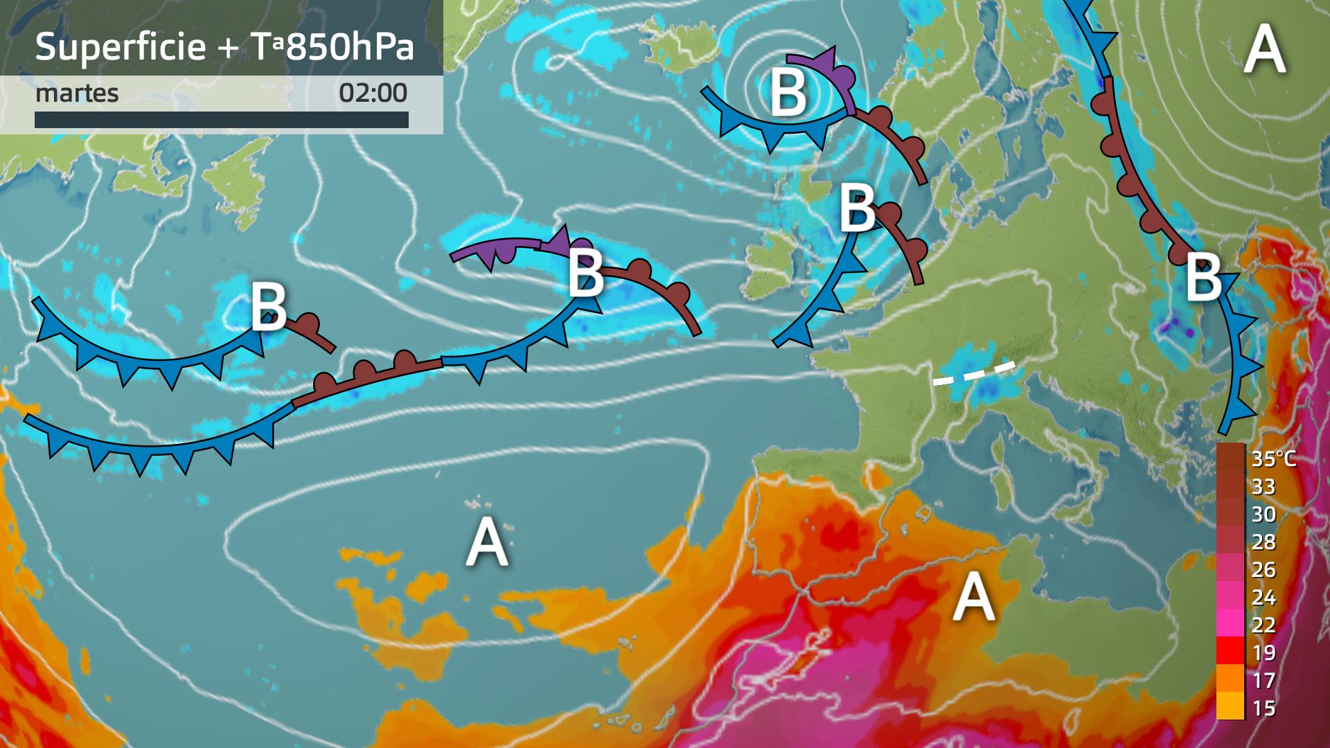 Mapa de superficie y de temperatura a 850 hPa (1500 metros de altura)