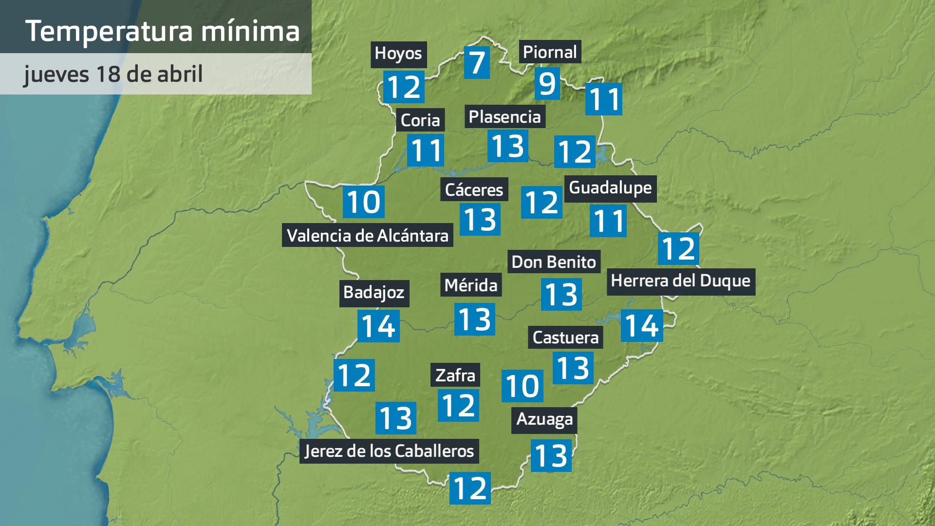 Temperatura mínima jueves 18 de abril. Datos hasta las 7:30 h. Aemet, Meteoclimatic et al.