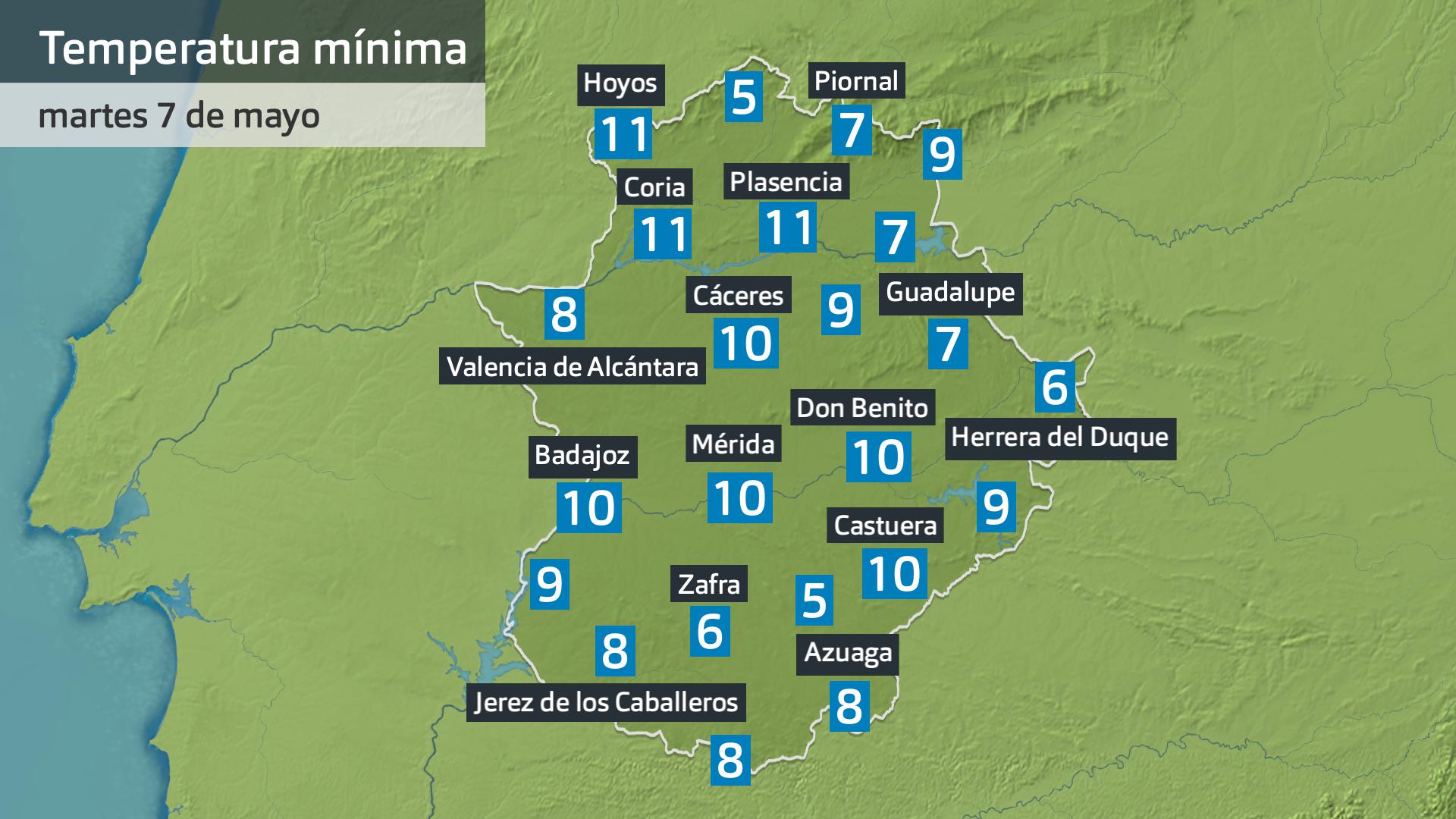 Temperatura mínima martes 7 de mayo. Datos hasta las 7:45 h. Aemet, Meteoclimatic et al.