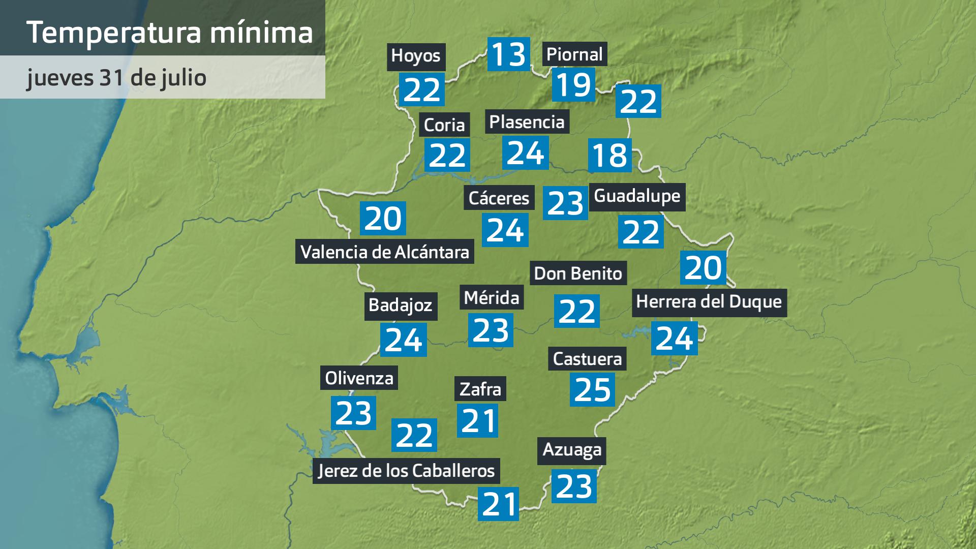 Temperatura mínima jueves 31 de julio. Datos hasta las 6:30 h. Aemet, Meteoclimatic et al.