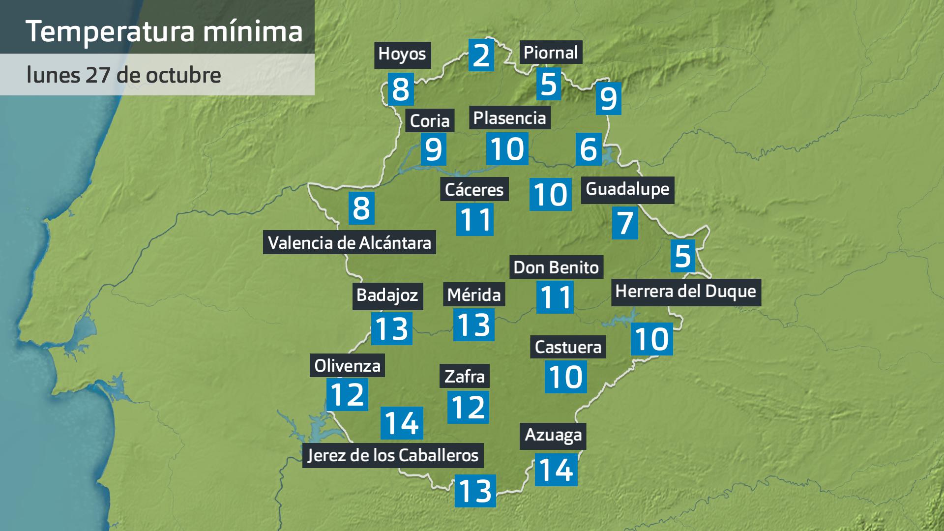 Temperatura mínima lunes 27 de octubre. Datos hasta las 6:30 h. Aemet, Meteoclimatic et al.