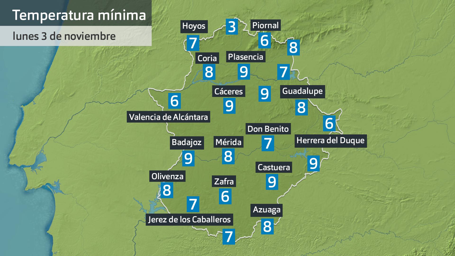 Temperatura mínima lunes 3 de noviembre. Datos hasta las 6:30 h. Aemet, Meteoclimatic et al.