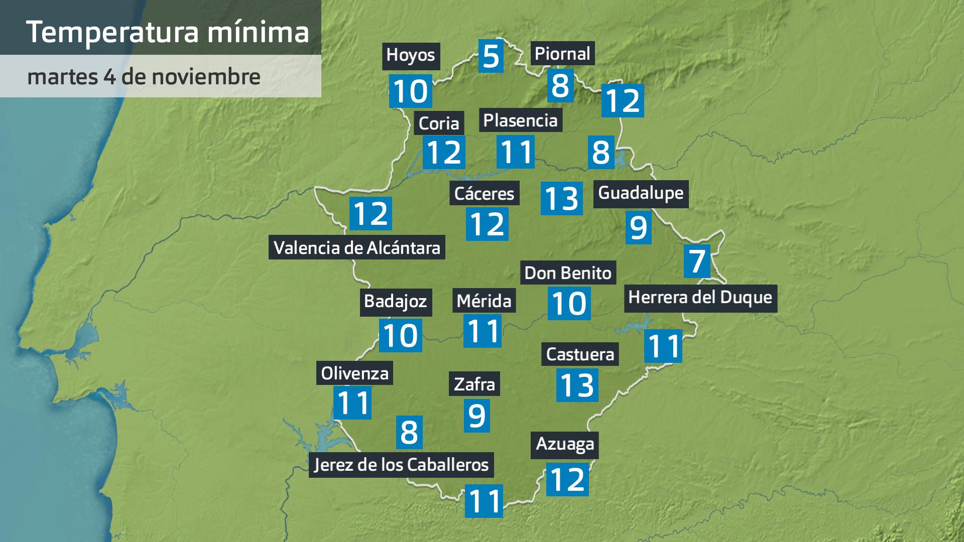 Temperatura mínima martes 4 de noviembre. Datos hasta las 6:30 h. Aemet, Meteoclimatic et al.