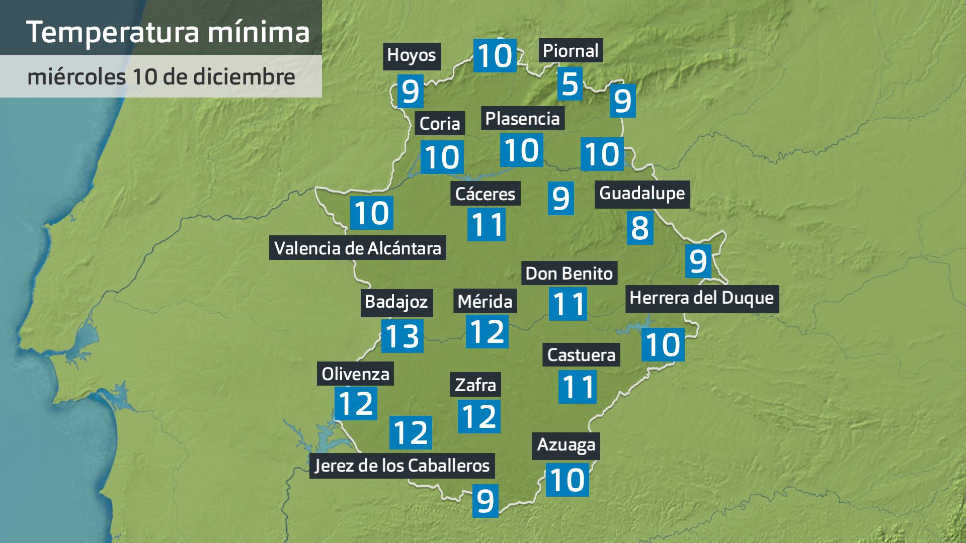Temperatura mínima miércoles 10 de diciembre. Datos hasta las 6 h. Aemet, Meteoclimatic et al.