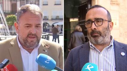 Antonio Rodríguez Osuna, alcalde de Mérida, y Miguel Ángel Morales, presidente de la Diputación de Cáceres, atienden a los medios de comunicación