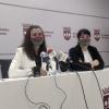 Las portavoces de Unidas Podemos, Mavi Mata y Elena Mejías, comparecen ante los medios.