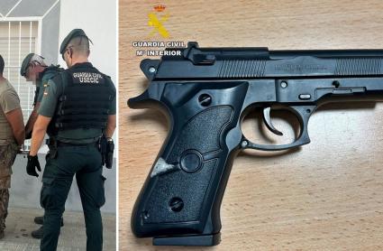 Una de las personas detenidas por la Guardia Civil y una de las armas utilizadas