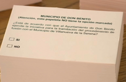 Papeleta para el referéndum sobre la fusión de Don Benito y Villanueva de la Serena.