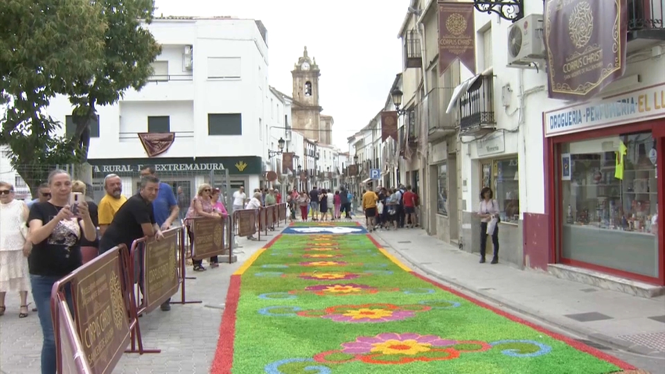 San Vicente de Alcántara supera los 4.000 kilos de viruta de madera para las alfombras de su Corpus Chris