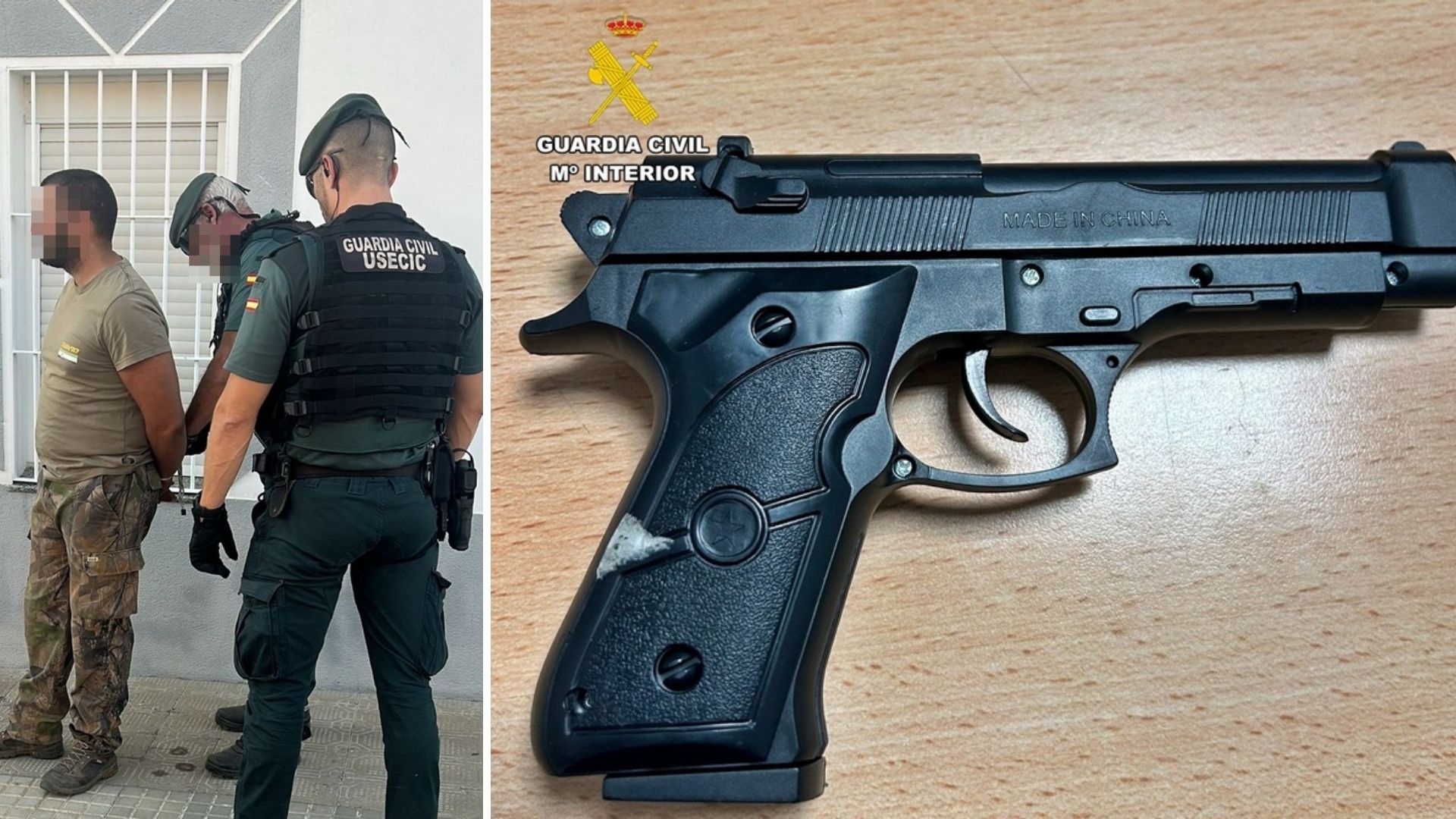 Una de las personas detenidas por la Guardia Civil y una de las armas utilizadas