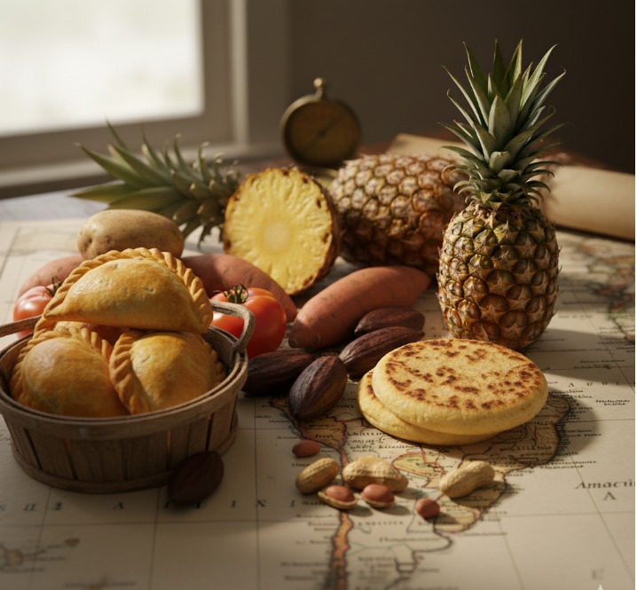 Alimentos procedentes de América sobre un mapa