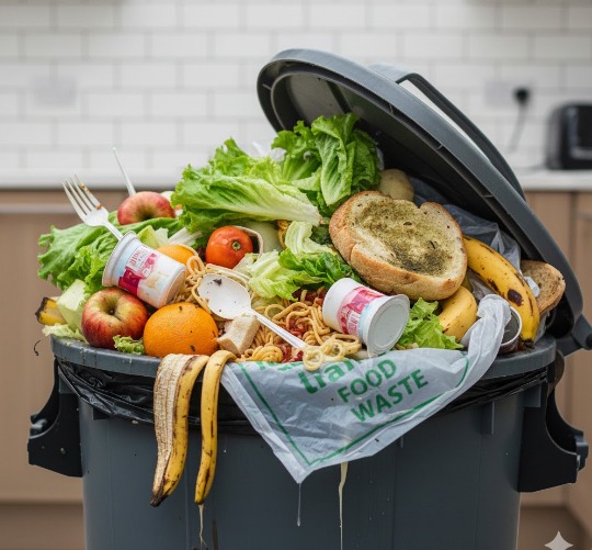 Cubo de basura en una cocina repleto de alimentos