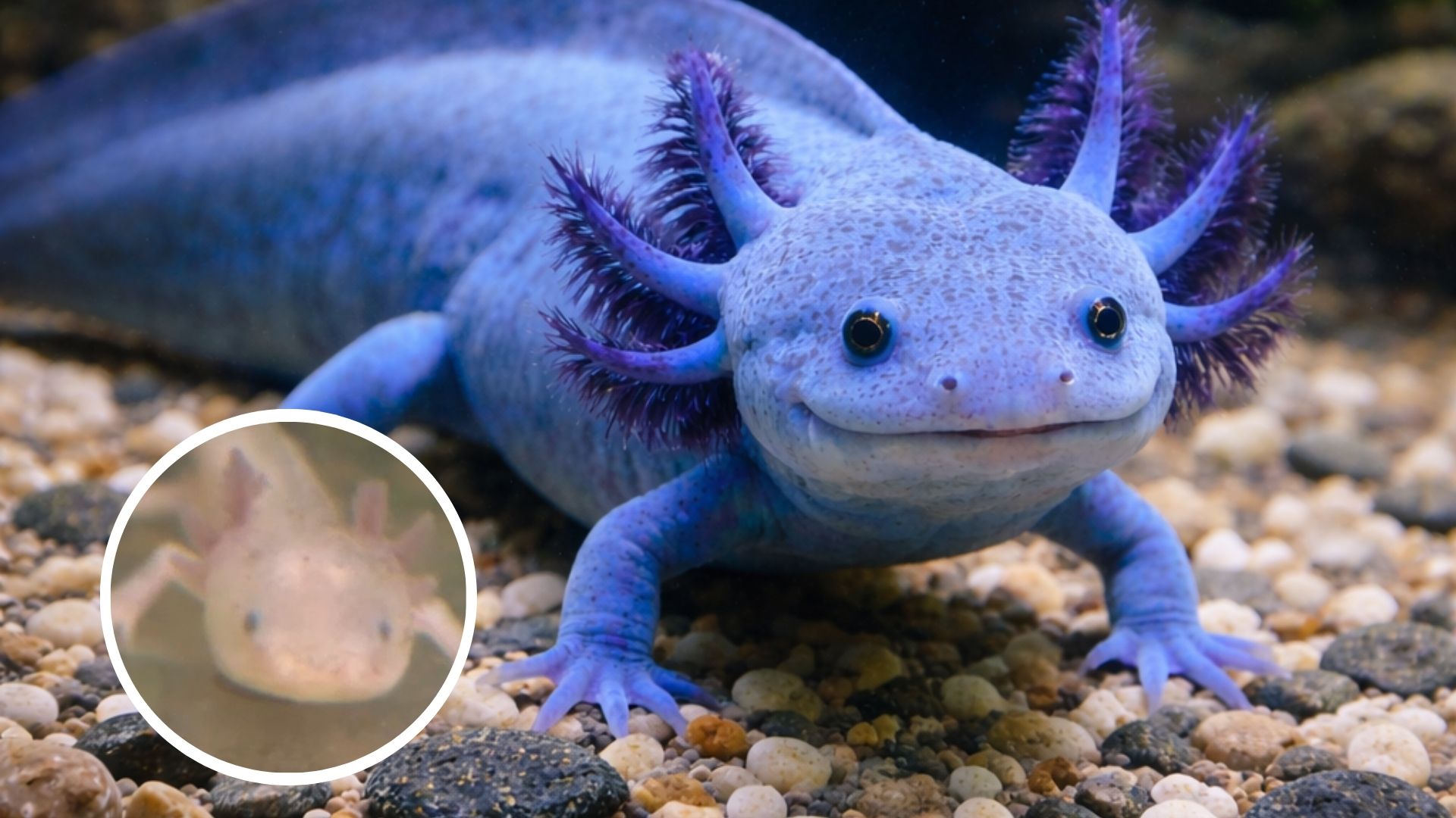 Ajolote recién nacido en una tienda de animales y ajolote azul, generado por IA