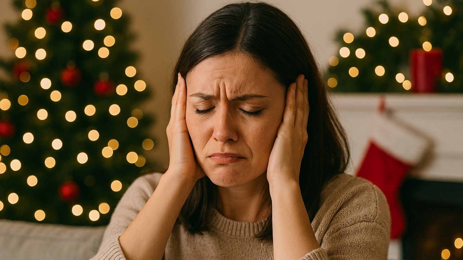 Persona con los oídos tapados, en un ambiente navideño