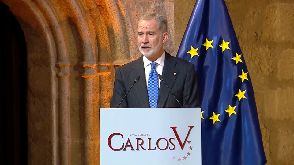 El Rey Felipe VI durante su intervención en la entrega del Premio Carlos V