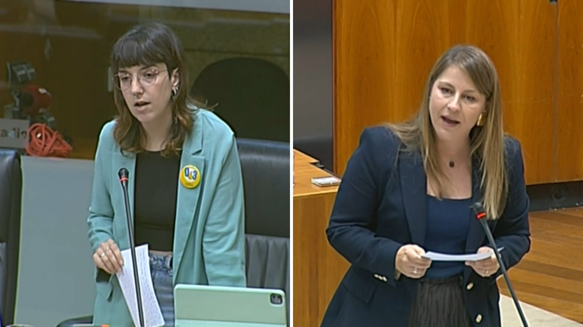 A la izquierda, la diputada de Unidas por Extremadura, Nerea Fernández, y a la derecha, la consejera de Educación, Sandra Valencia