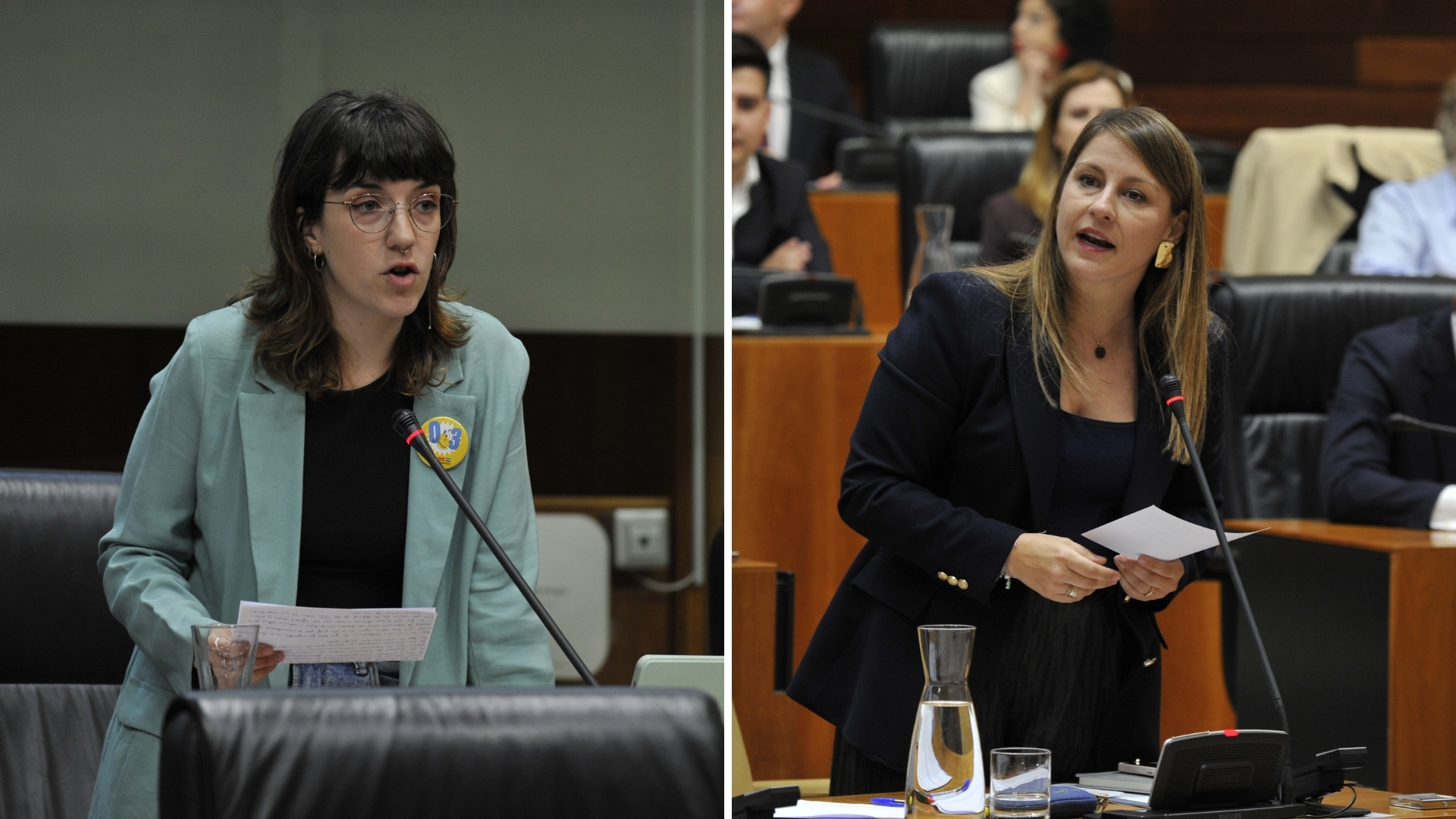 A la izquierda, la diputada de Unidas por Extremadura, Nerea Fernández, y a la derecha, la consejera de Educación, Sandra Valencia